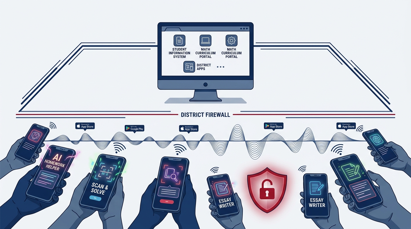 Conceptual illustration of the hidden mobile app store layer of unvetted AI apps running on student phones outside the school district firewall
