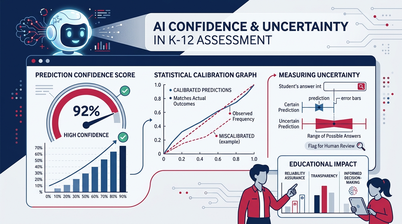 Illustration of AI confidence scores, model scale calibration, and statistical uncertainty in K-12 education